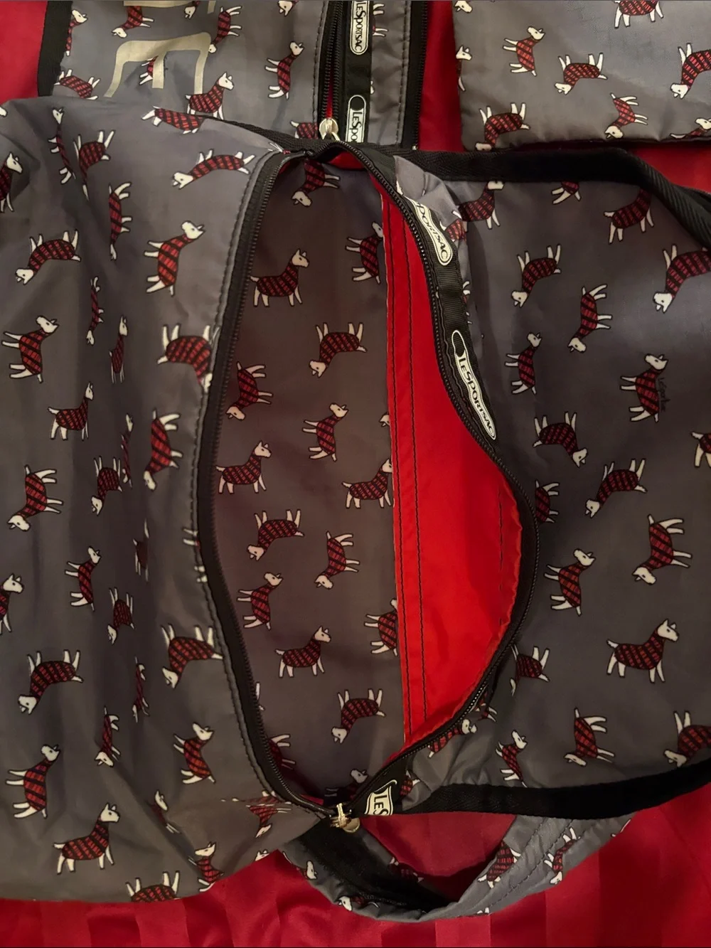 Lesportsac Gray Backpack Set with Red, White, and Black Dog Print